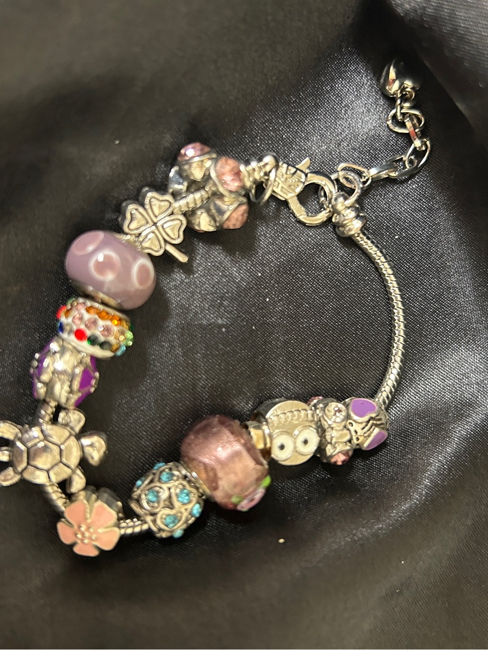 Silver Charm Bracelet with Purple and Pink  Beads